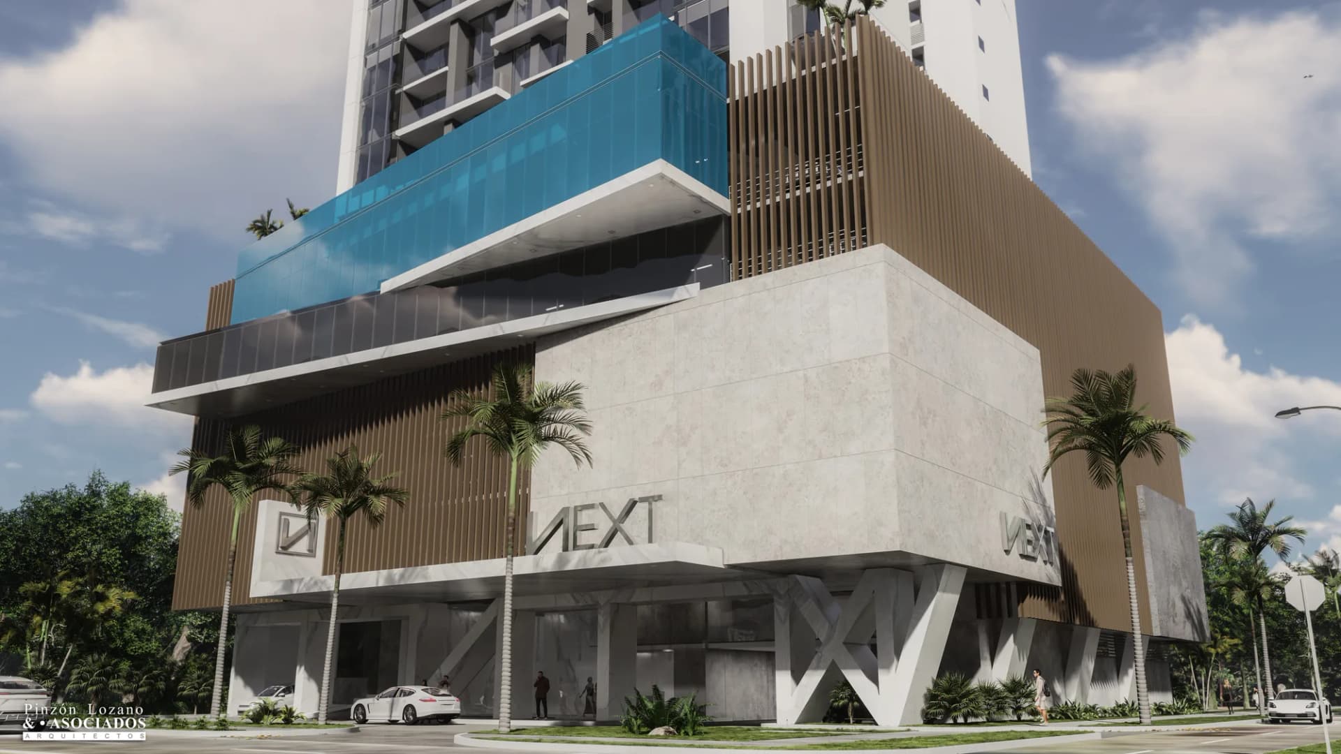Fachada de acceso del proyecto NEXT en Coco del Mar, Ciudad de Panamá